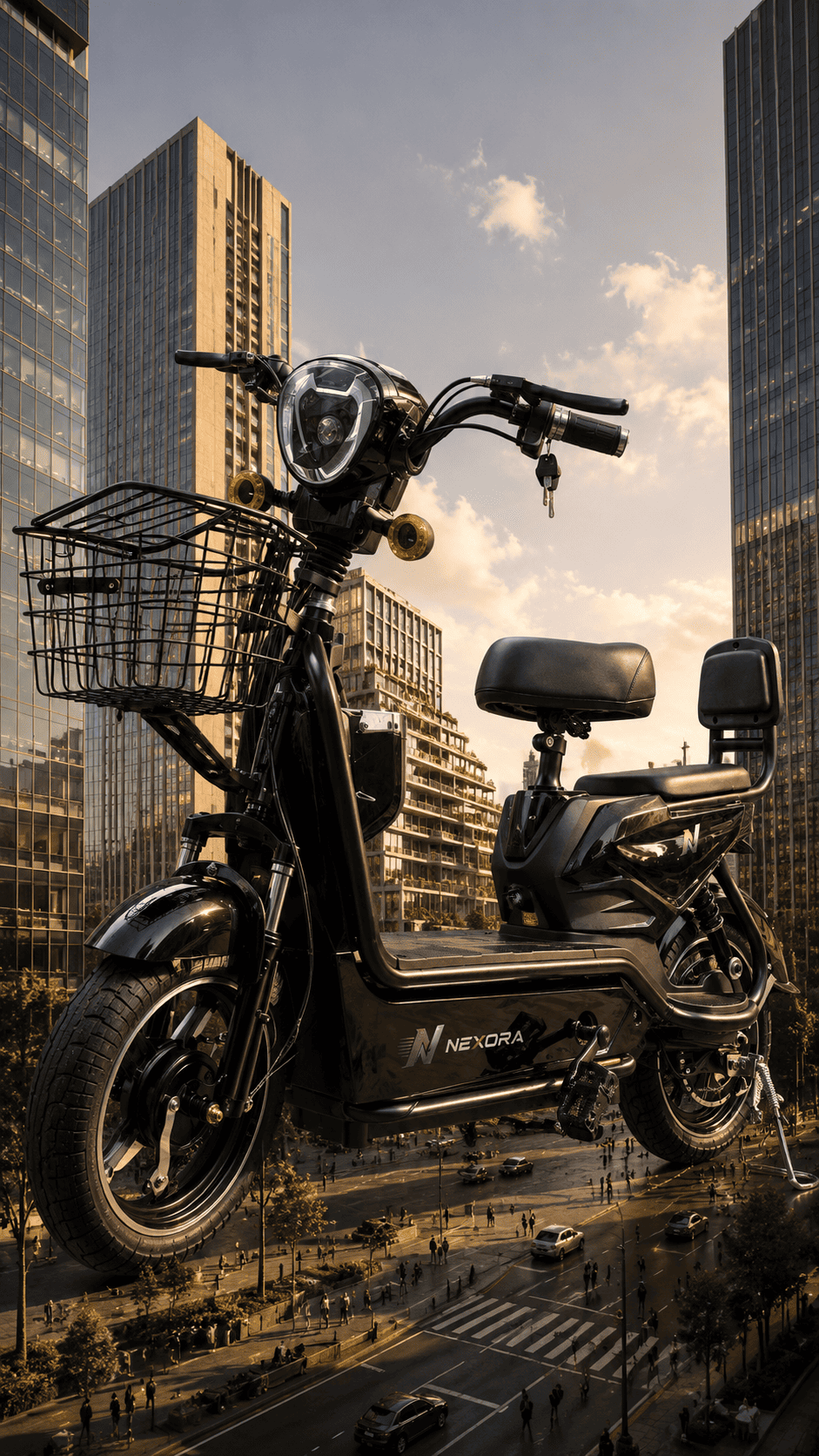 Bicicleta elétrica Nexora N7 em cenário urbano contemporâneo.